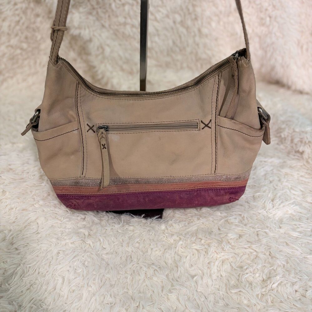 The Sak Leather Shoulder Bag Beige Purple Suede Bottom Stripe Hobo Purse Vintage - Picture 10 of 14